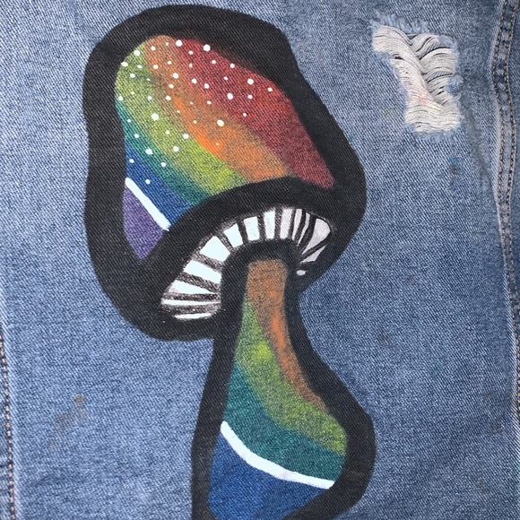 Satin doll hand painted wild mushroom rainbow butterfly Jean jacket hippie - Picture 6 of 6